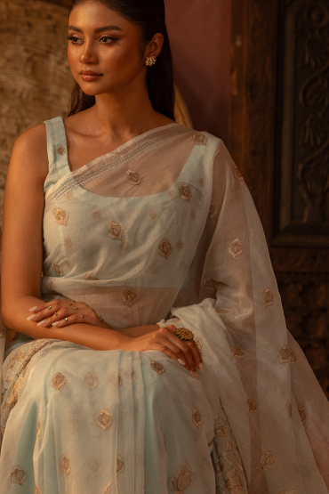 Half Silk Embroidered Lotus Sari
